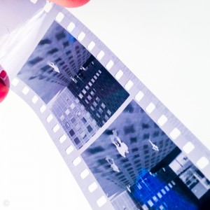 Negative film strip in window light